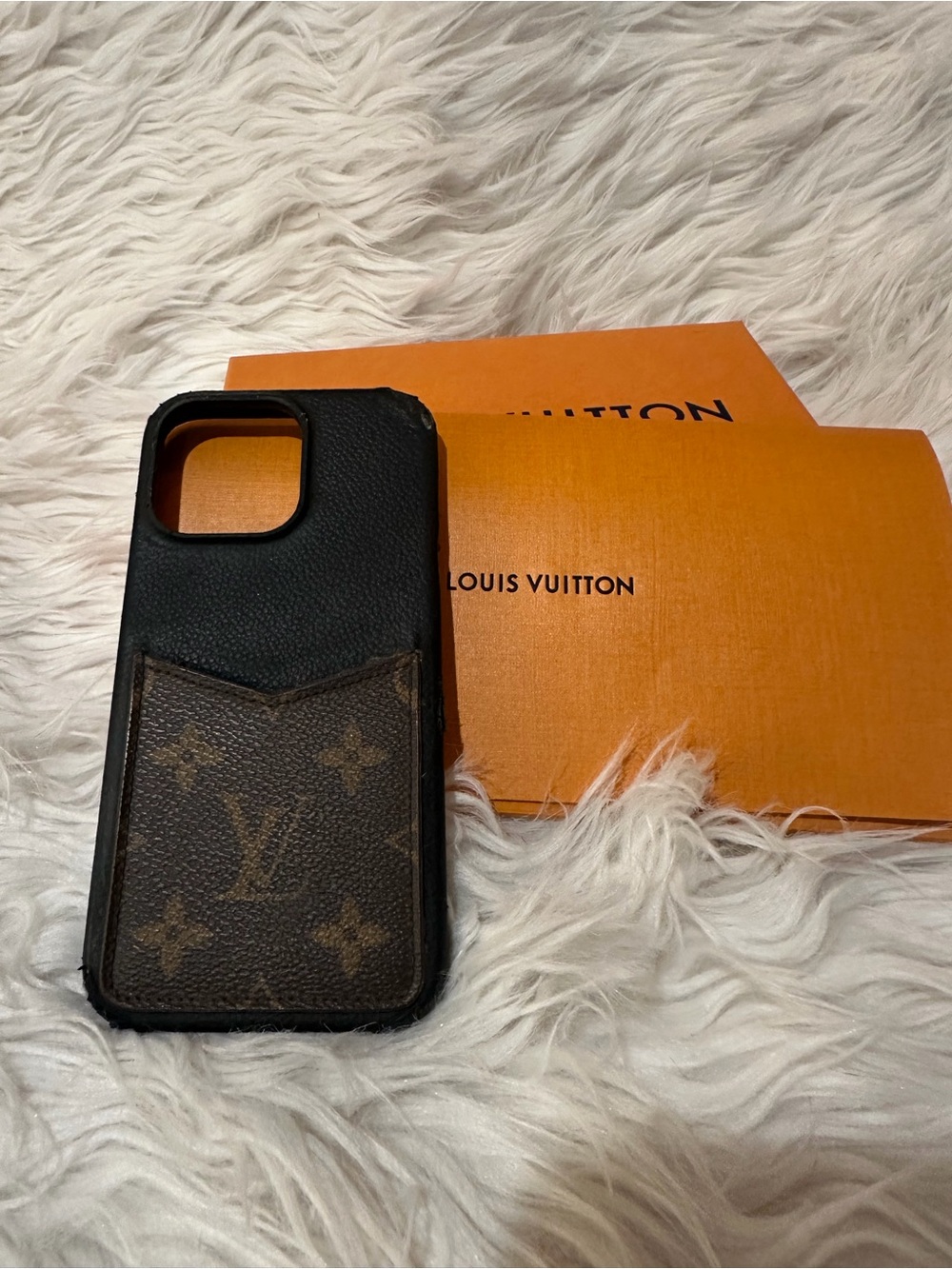 Louis Vuitton Black Leather Phone Case with Brown Monogram Card Slot